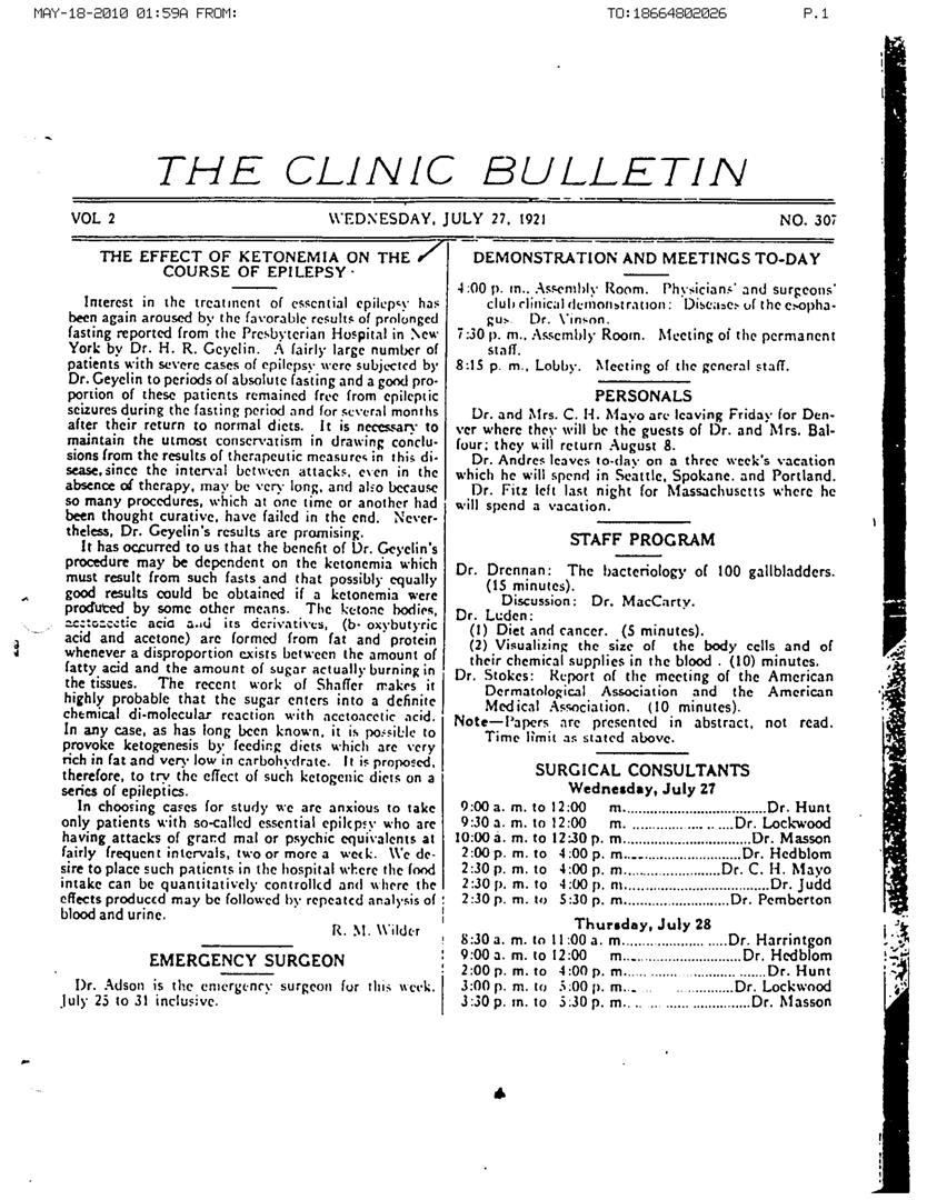 Mayo Clinic Bulletin article on keto and fasting for Epilepsy