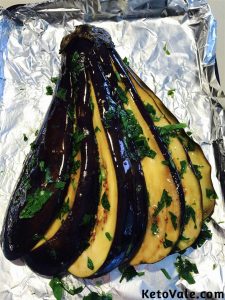 Season eggplant with olive oil