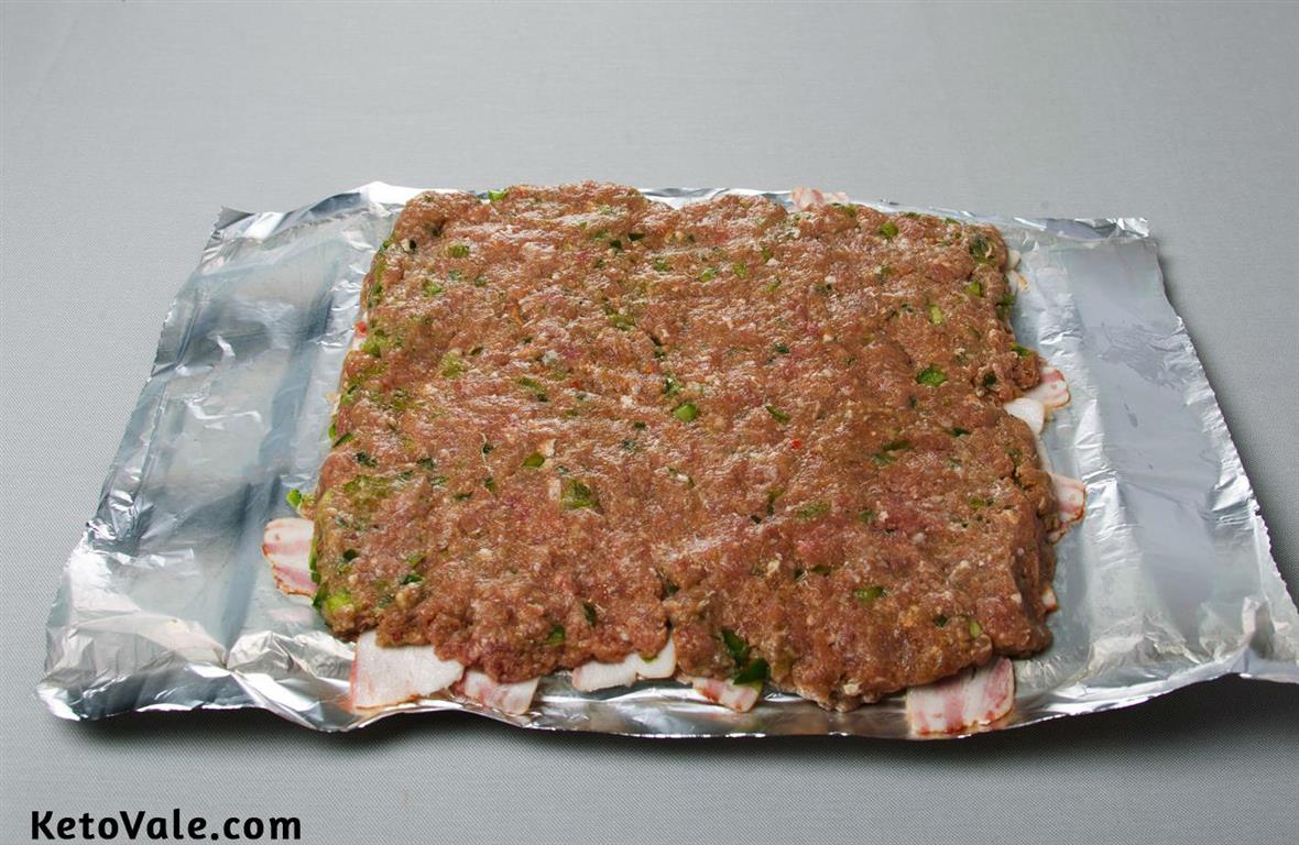 Spread meat on bacon weave