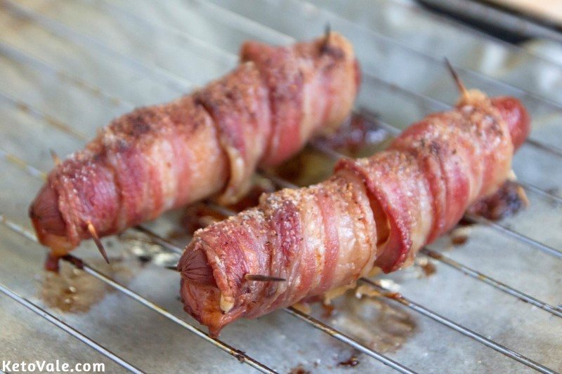 Baked bacon wrapped hot dogs