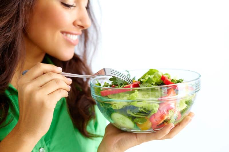 happy woman eating food