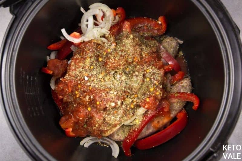 add sausages peppers in crockpot
