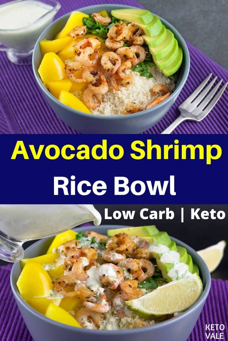 low carb avocado shrimp rice bowl